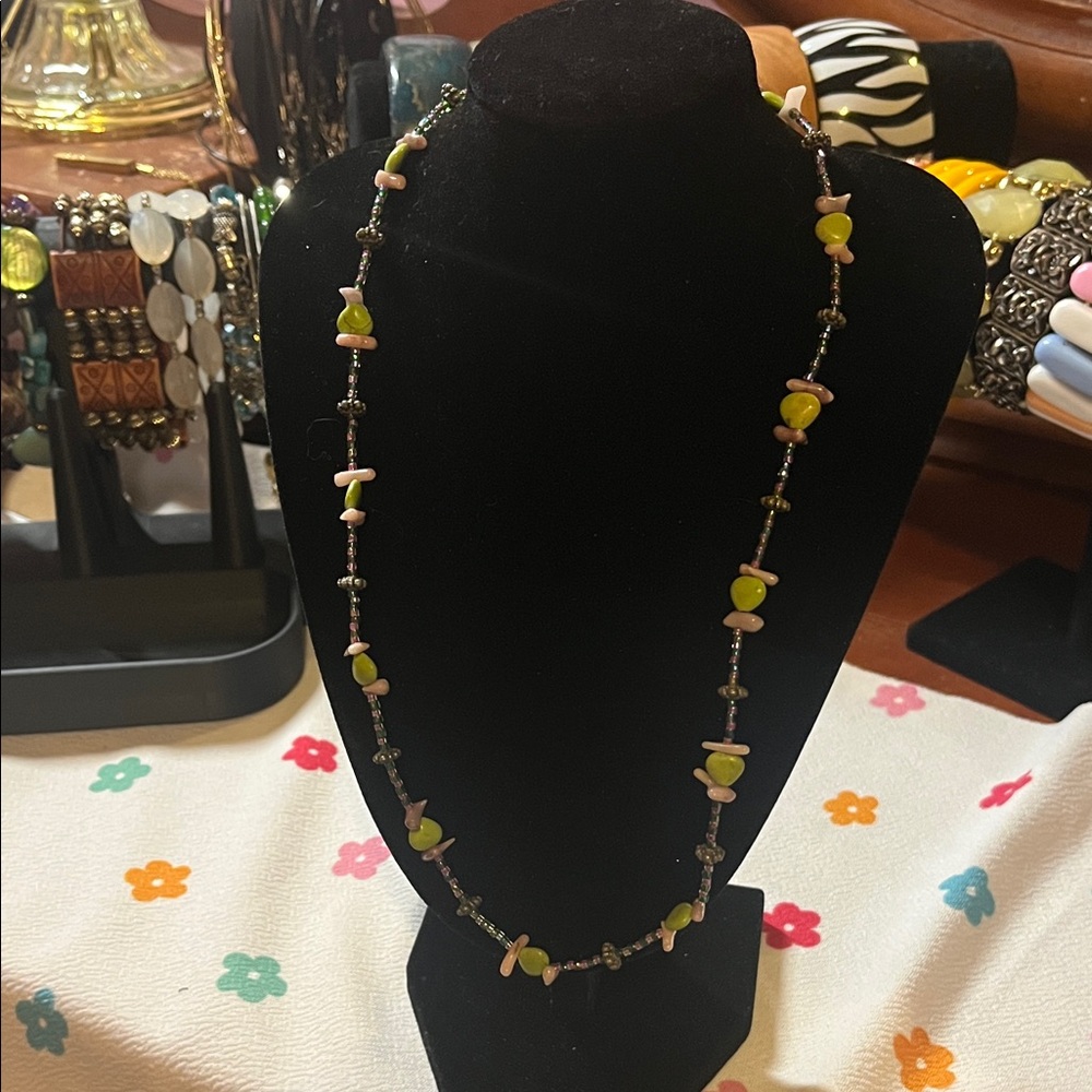Vintage Beaded Necklace with Green and Pink Accents Magnet Clasp